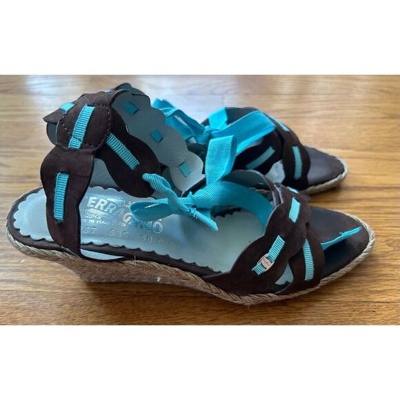 Salvatore Ferragamo Womens Wedge Espadrille Sandals US 6 1/2 6.5 Wrap Shoes - Picture 1 of 7